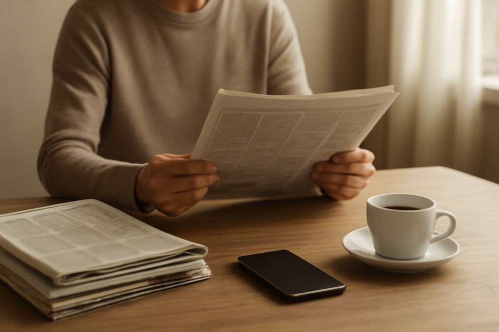 Seseorang membaca beberapa surat kabar internasional di meja kayu dengan secangkir kopi