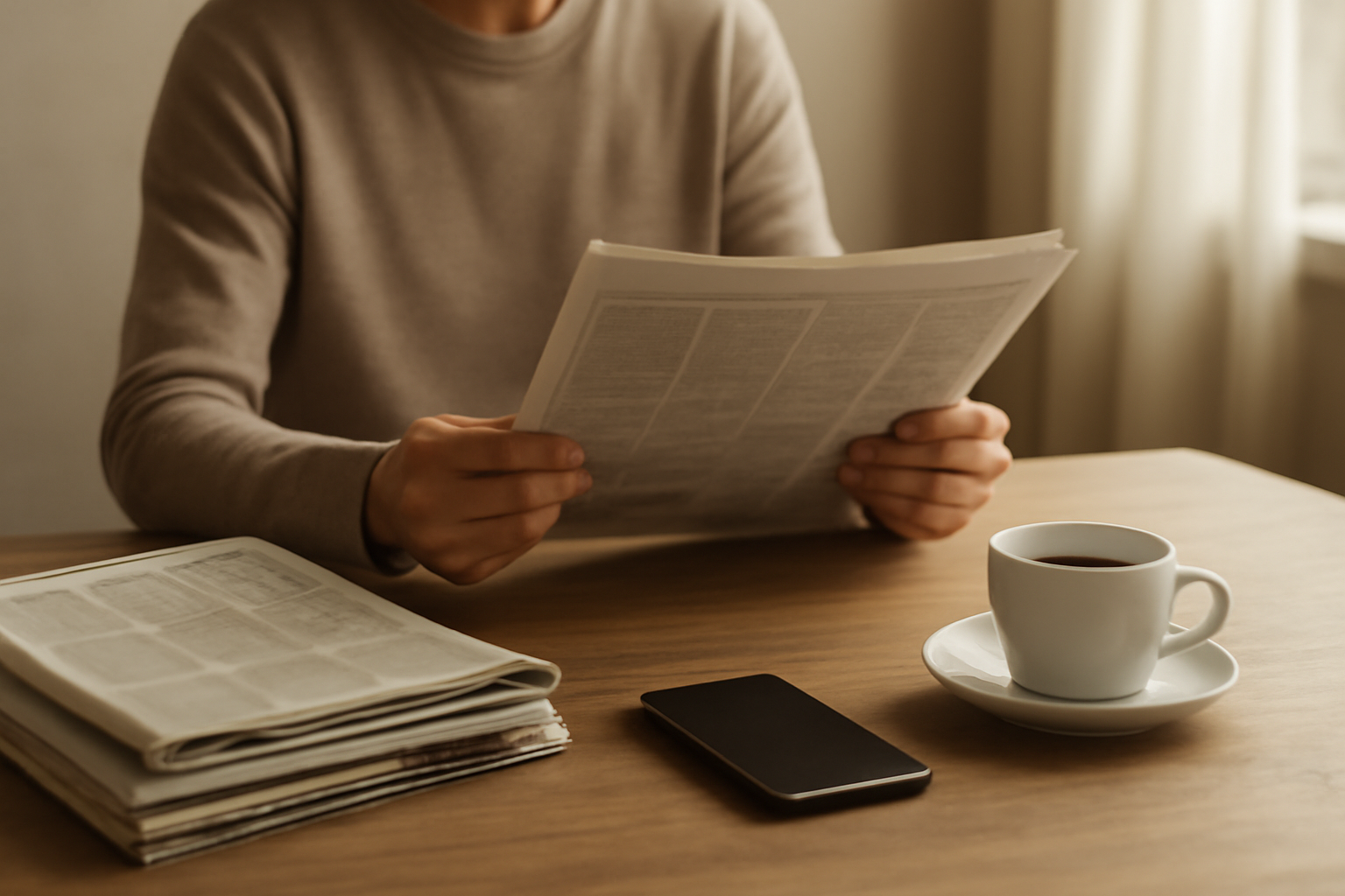 Seseorang membaca beberapa surat kabar internasional di meja kayu dengan secangkir kopi