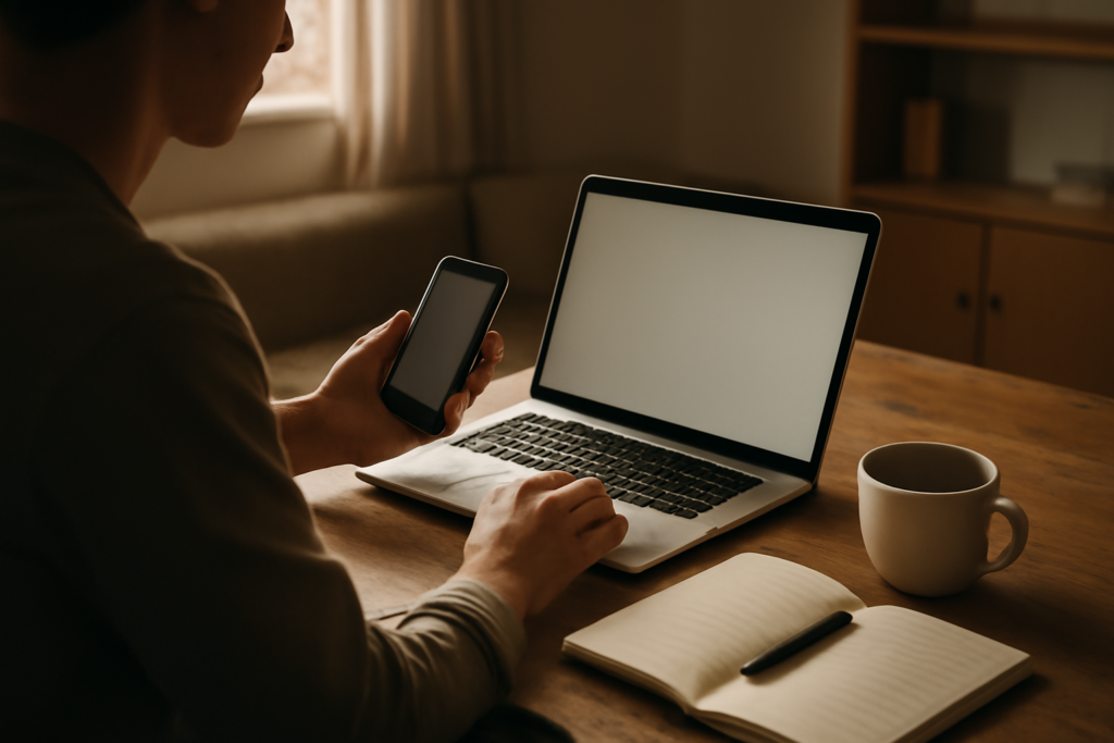 Seseorang membandingkan informasi di ponsel dan laptop untuk memeriksa kebenaran berita