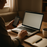 Seseorang membandingkan informasi di ponsel dan laptop untuk memeriksa kebenaran berita