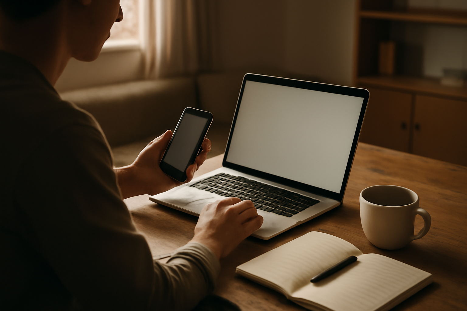 Seseorang membandingkan informasi di ponsel dan laptop untuk memeriksa kebenaran berita