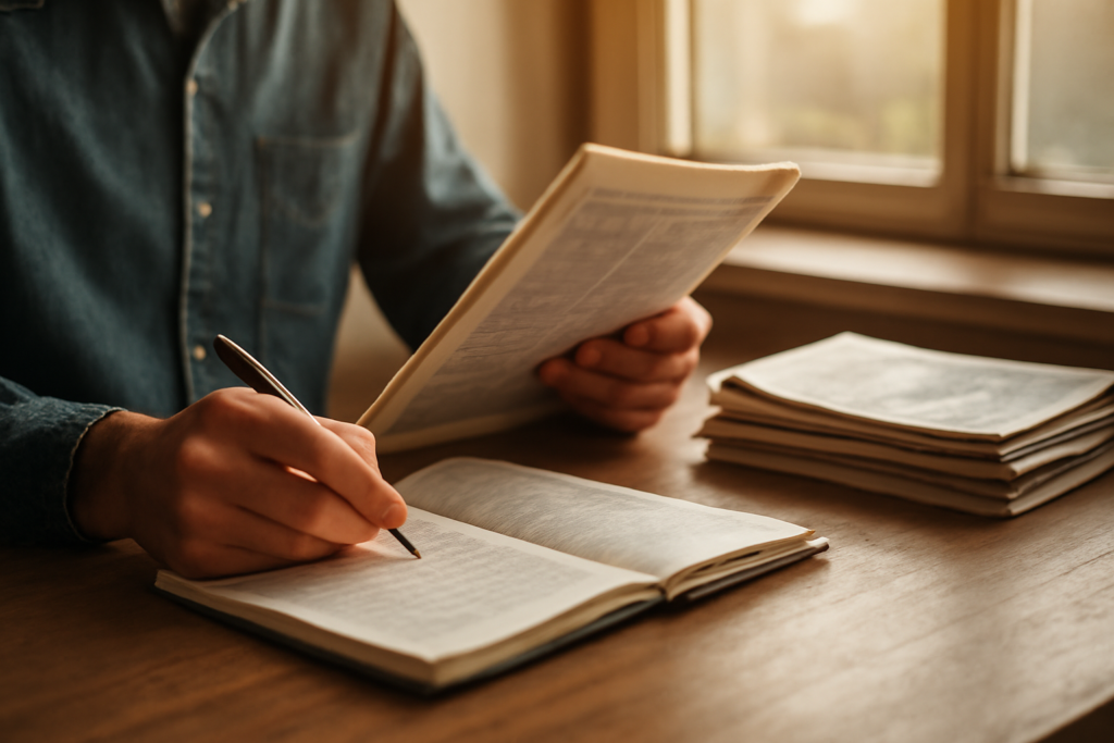 Seseorang membaca berita politik di koran sambil mencatat istilah penting di buku catatan
