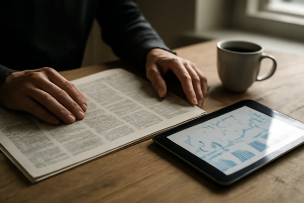Meja kayu dengan koran cetak dan tablet berisi grafik ekonomi untuk membandingkan sumber berita